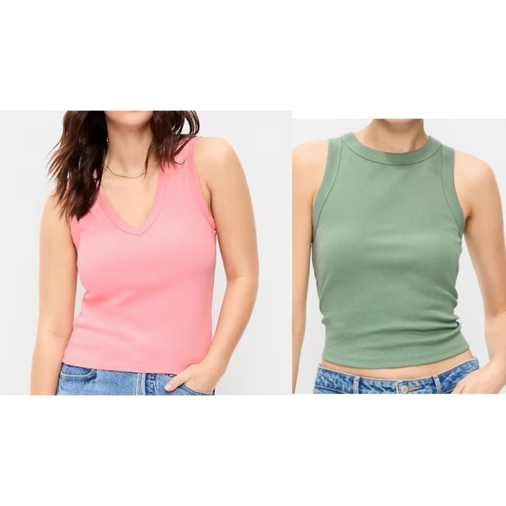 2 Old Navy Women's Snug Crop Ribbed Tank Tops - Green & Pink - Size XS